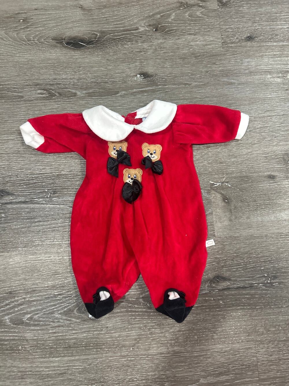 Vintage Le Petit Ange Red Velour Holiday Teddy Bear Sleeper One-Piece Preemie